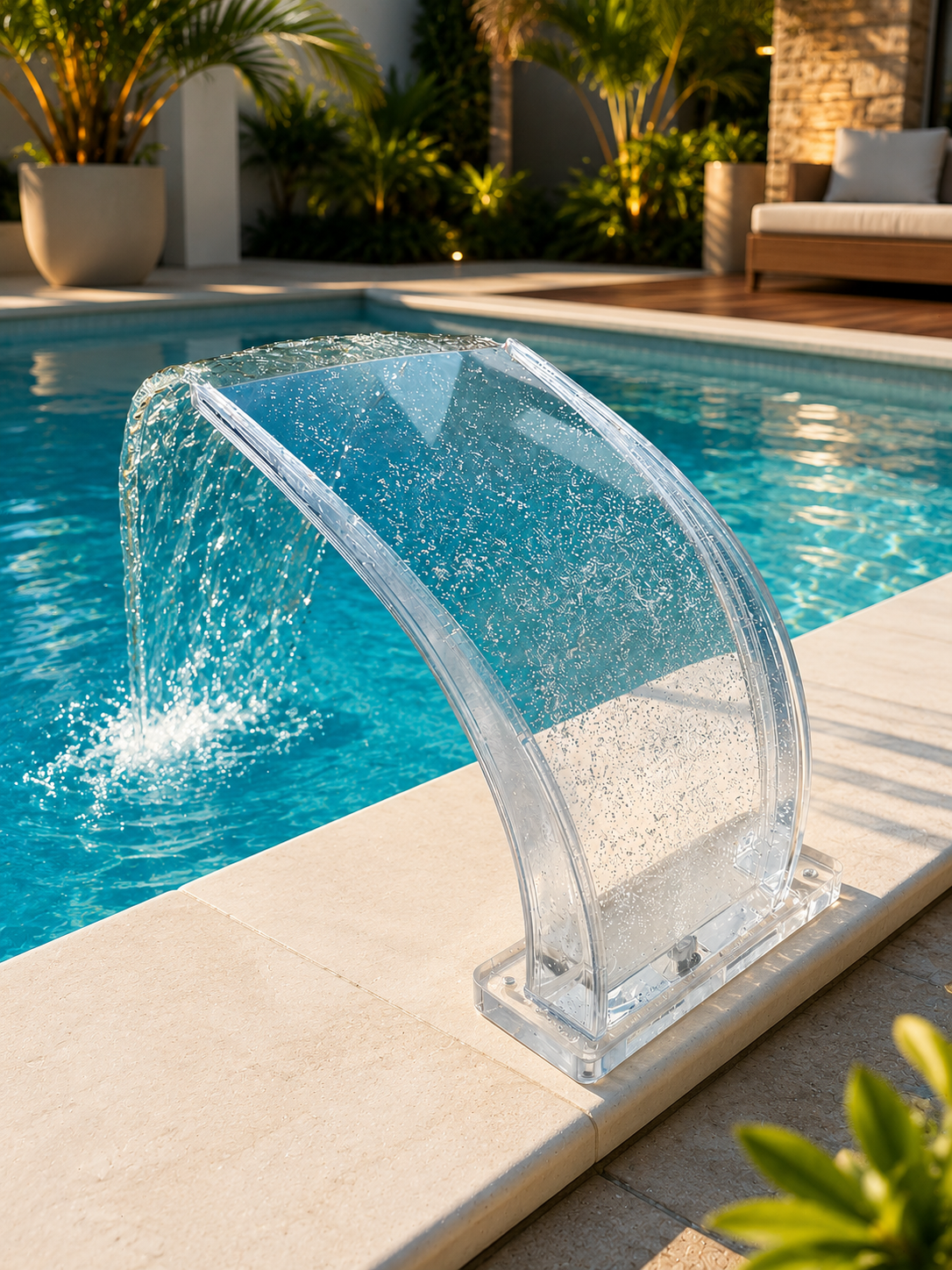 Cascata Piscina Transparente Com Led Efeito Champanhe