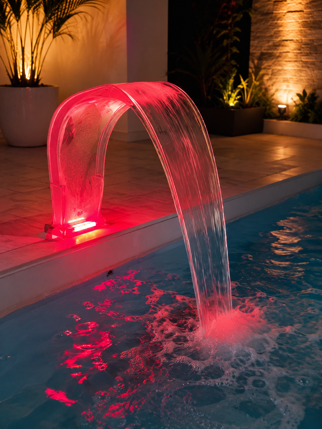 Cascata Piscina Transparente Com Led Efeito Champanhe