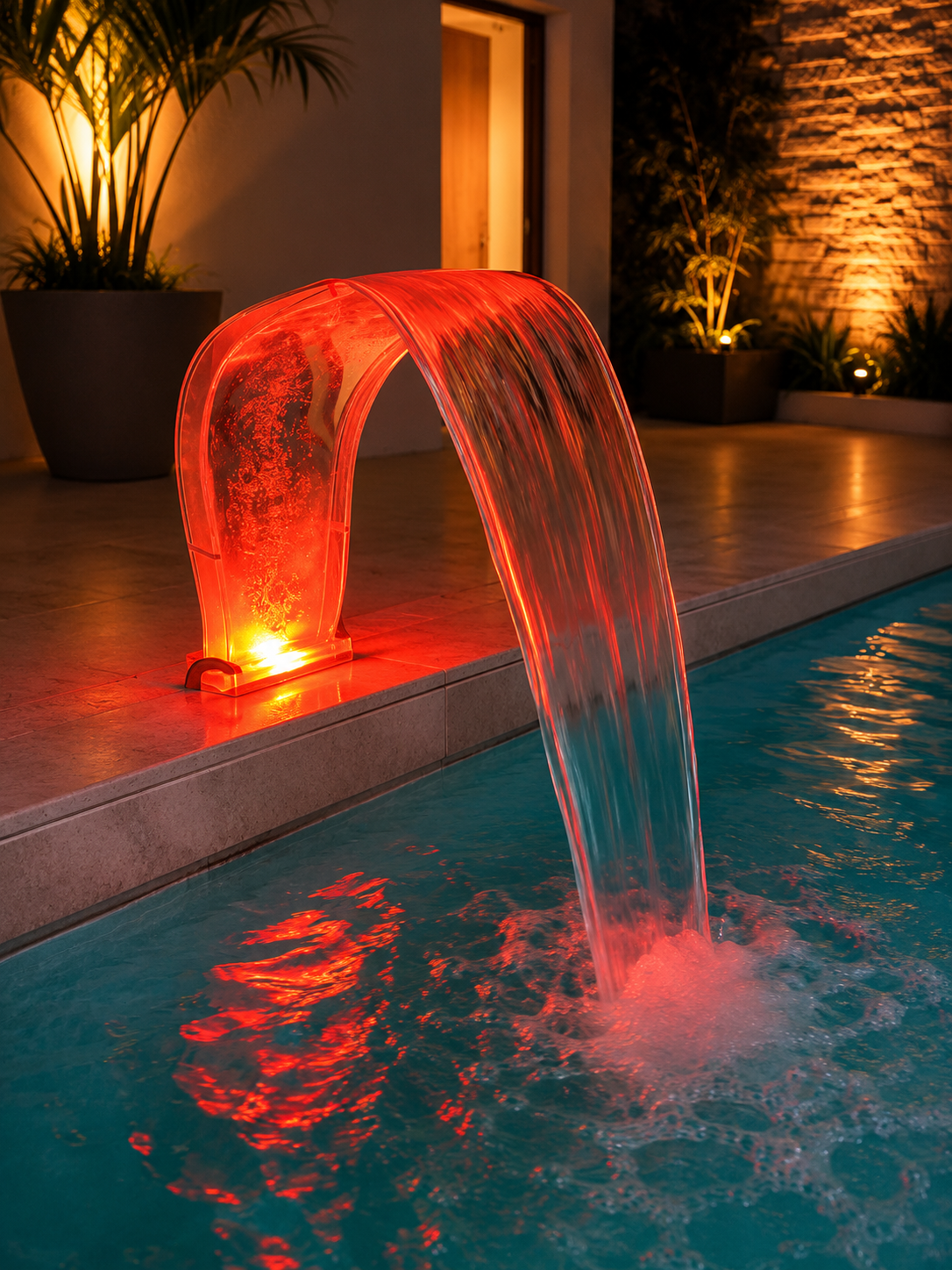 Cascata Piscina Transparente Com Led Efeito Champanhe