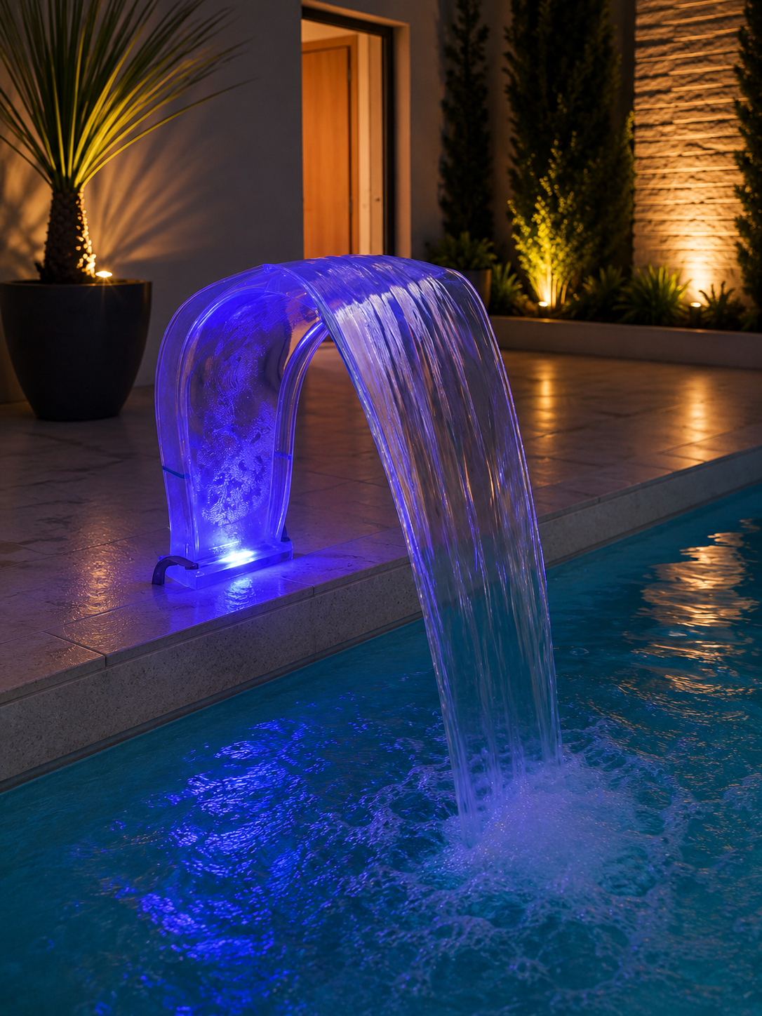 Cascata Piscina Transparente Com Led Efeito Champanhe